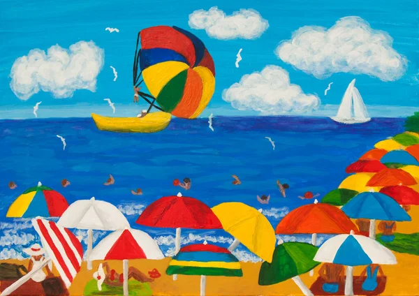 画布上有沙滩雨伞的海景丙烯酸油画 免版税图库图片