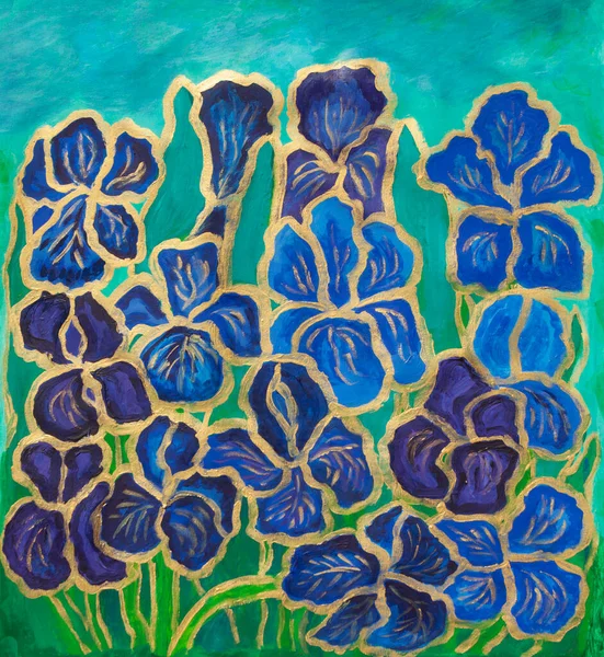 Blauwe Irissen Met Gouden Acrylverf Doek Stockfoto