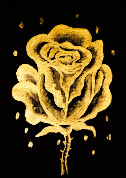 Golden Rose Black Background Acrylic Gouache Painting Canvas — Stock Photo, Image