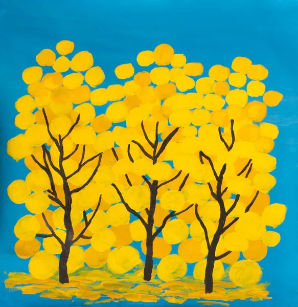 抽象的なスタイルで青い空に黄色の木と秋の風景 キャンバス上のアクリル絵具 — ストック写真