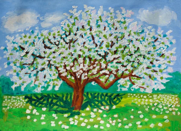 春の風景 花のリンゴの木 キャンバス上の油絵 — ストック写真