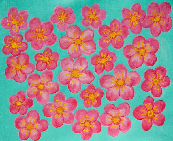 Hallon Rosa Körsbär Blommor Turguoise Bakgrund Akryl Målning Duk — Stockfoto