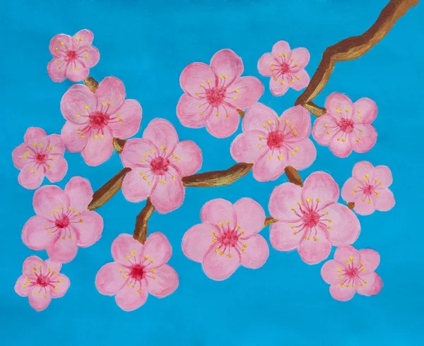 Filial Med Rosa Persika Blommor Blå Bakgrund Akryl Målning Duk — Stockfoto