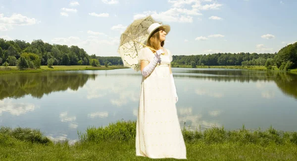 Beautiful Young Woman White Historical Dress White Umbrella Big Lake Stock Photo