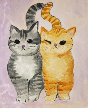 İki komik kedi tuval üzerinde turuncu ve gri boya..