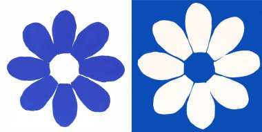 İki çiçek mavi ve beyaz renkler üzerinde akrilik boya esnetilmiş tuvalde.
