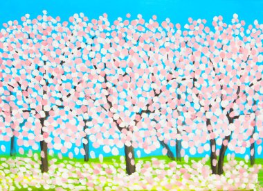 White-pink spring trees acrylic painting on unstretched canvas.