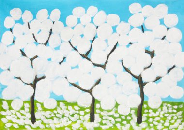 Çiçek açan beyaz ağaçlarla kaplı bahar manzarası eskimemiş tuval üzerinde akrilik resim.