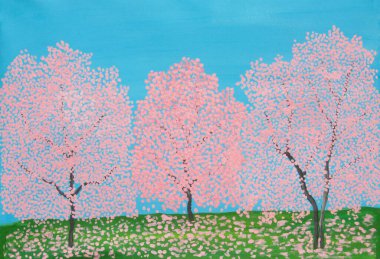 Spring landscape with pink trees in blossom acrylic painting on unstretched canvas.