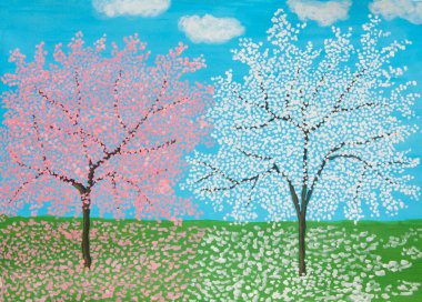 Çiçekli akrilik resimli pembe ve beyaz ağaçlarla kaplı bahar manzarası.