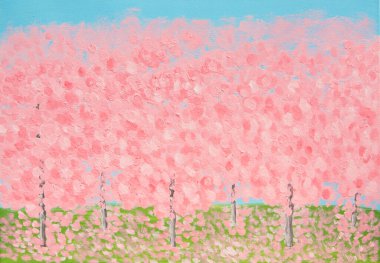 Çiçekli akrilik resimli pembe ağaçlarla kaplı bahar manzarası.
