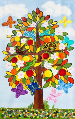 Resim, yaşamın ve gezegenimizin sembolü olan peri ağacını, doğanın güzelliğini ve uyumu temsil eder, ama insan dünyasında değil, insanlığa bir örnektir. Tuvale yağlı boya..