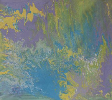 Leylak, sarı, mavi ve beyaz renklerde soyut akrilik akışkan resim.