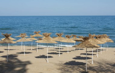 Bulgaristan 'ın Saint Constantine ve Helena tatil beldelerinin plajlarında egzotik plaj şemsiyeleri.