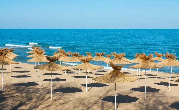 Bulgaristan 'ın Saint Constantine ve Helena tatil beldelerinin plajlarında egzotik plaj şemsiyeleri.