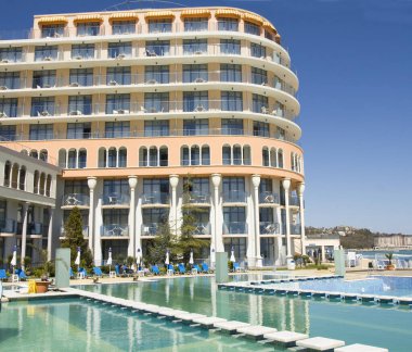 SAINTS CONSTANTINE AND HELENA, BULGARIA - APRIL 10, 2015: Hotel Azalia in Saints Constantine and Helena, the oldest first sea resort of Bulgaria, exists from 19 century.