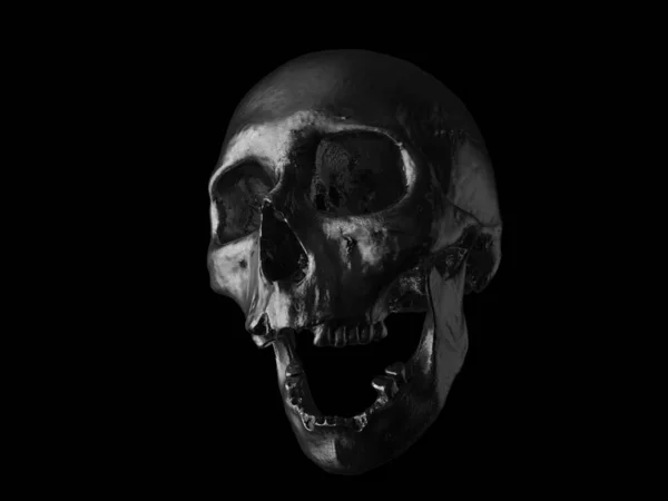 Oil black human skull with open jaw and missing teeth