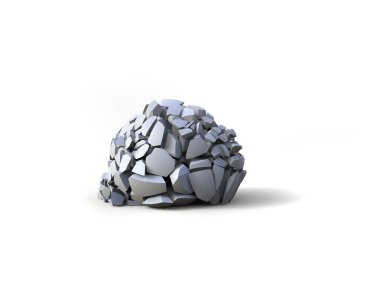 Yere çarptığında kırılan nesne, beyaz arka planda izole edilmiş düzinelerce parçaya bölünmüş.