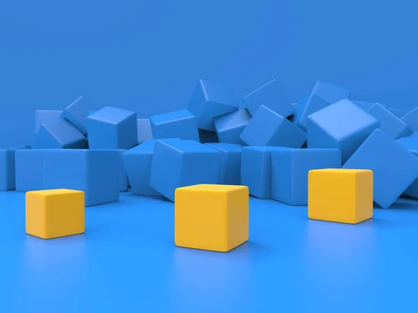 Trois Cubes Jaunes Détachent Sur Fond Bleu Rempli Cubes Bleus — Photo
