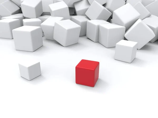 Red cube stands out on a white background filled with other white cubes - abstract background