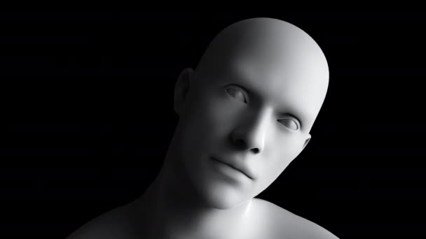 デジタルの人間の男性が首を伸ばし アルファマスクで 黒の背景に隔離されたクローズアップ肖像画のショット — ストック動画