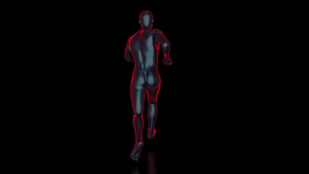 バックビュー バックビュー ネオンライト アルファマスクを持つVfx要素 黒の背景に隔離された基本的な人間の男性フィギュア — ストック動画