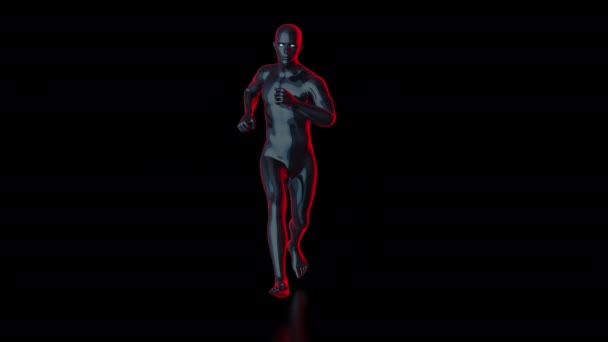 基本的な人間の男性像のランニング フロントビュー ネオンライト アルファマスクを持つVfx要素 黒の背景に隔離 — ストック動画
