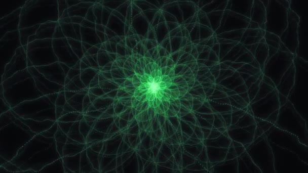 空間に流れるフィボナッチの花の形成における亜石灰輝く緑のスパイラル粒子 — ストック動画