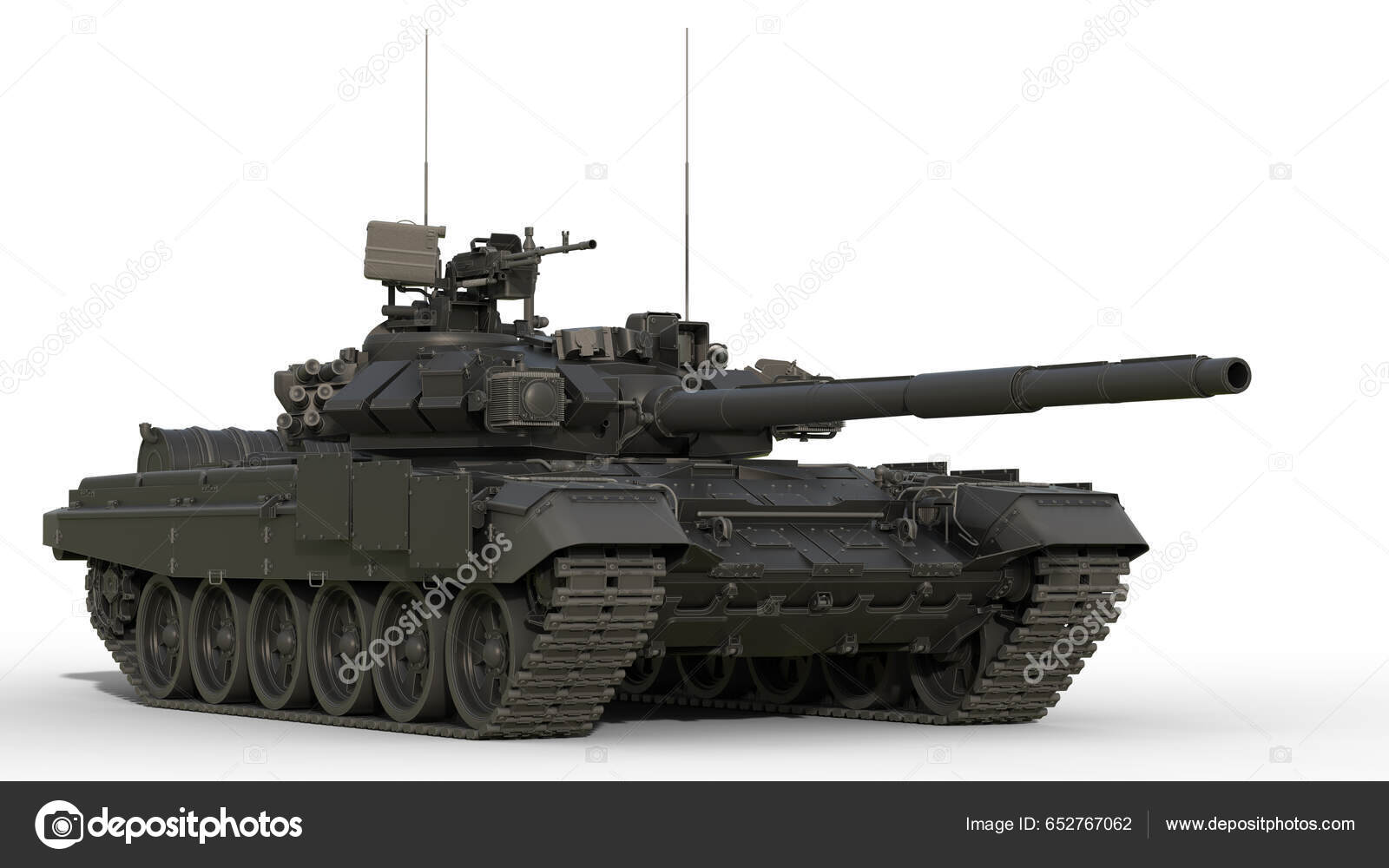 Powerful Military Tank Dark Gray Black Color Front Side View Stock