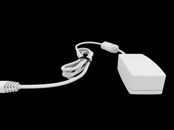 Белый Кабель Изогнутый Обмотанный Удерживаемый Черной Резинкой Электрическим Адаптером Одном — стоковое фото