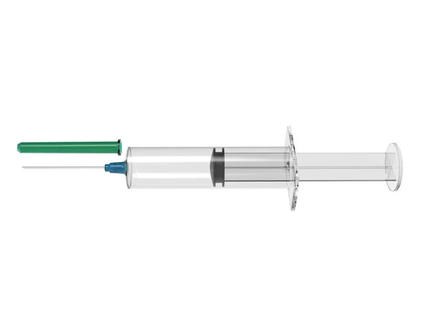蓝色针头和绿色针帽侧面的疫苗注射器 — 图库照片