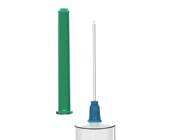 青ベースと緑の針キャップ付き注射針 クローズアップショット — ストック写真