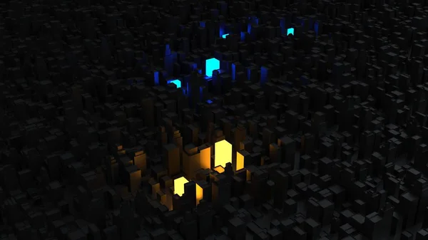 Dunkle Abstrakte Stadt Hintergrund Mit Blauen Und Gelben Gebäuden Glühen — Stockfoto