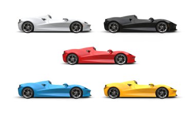Kırmızı, mavi, sarı, beyaz ve siyah renkli modern lüks üstü açık süper arabalar beyaz arka planda izole edilmiş.