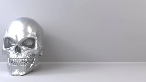 Crânio Metal Fundo Brilhante Estúdio Modelo Fundo Lado Esquerdo — Fotografia de Stock