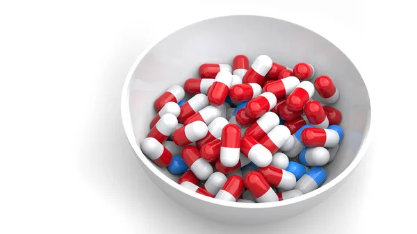 White Ceramic Bowl Filled Red Blue Pills Isolated White Background — Stock Photo, Image
