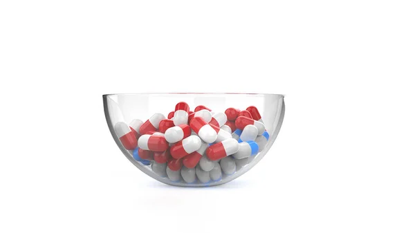 Glasschale Gefüllt Mit Roten Und Blauen Pillen Isoliert Auf Weißem — Stockfoto