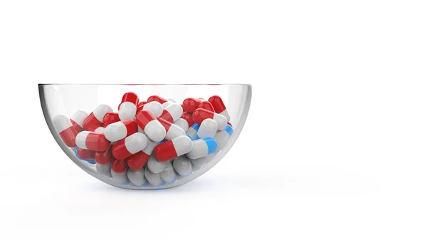 Glasschale Gefüllt Mit Einem Bündel Roter Und Blauer Pillen Isoliert — Stockfoto