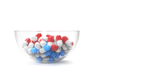 Glasschale Gleichmäßig Mit Roten Und Blauen Pillen Gefüllt Isoliert Auf — Stockfoto