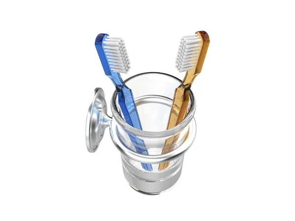 Brand New Red Green Toothbrushes Glass Holder Top View — Stock Photo, Image