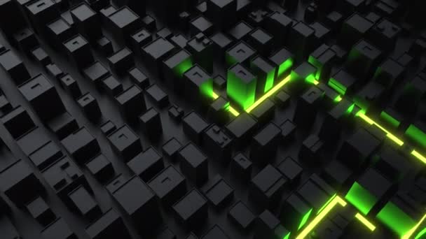 Sötét Digitális Város Scape Zöld Neon Fény Nyomvonal Versenyzés Rajta — Stock videók