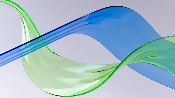 光の背景に透明ブルーとグリーンのガラスリボン 光沢のあるガラス表面の動きに湾曲した形状 背景のデザイン要素 3Dレンダリング抽象的な背景 — ストック写真