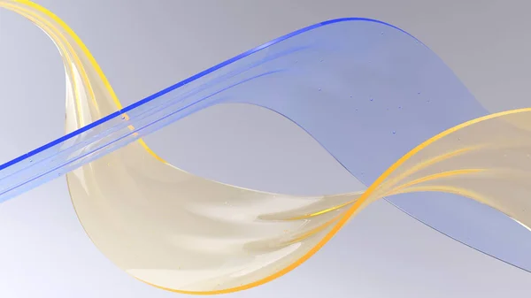 光の背景に透明ブルーとイエローのガラスリボン 光沢のあるガラス表面の動きに湾曲した形状 背景のデザイン要素 3Dレンダリング抽象的な背景 — ストック写真