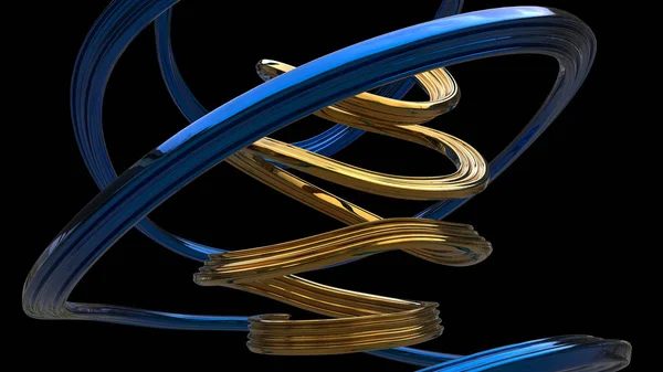 Абстрактна Форма Золотої Кривої Згорнута Всередині Металевої Синьої Кривої Ізольована — стокове фото