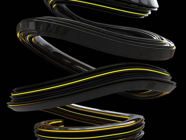 Abstrakt Glänzende Schwarze Kurvenform Mit Leuchtender Gelber Linie Drumherum Isoliert — Stockfoto