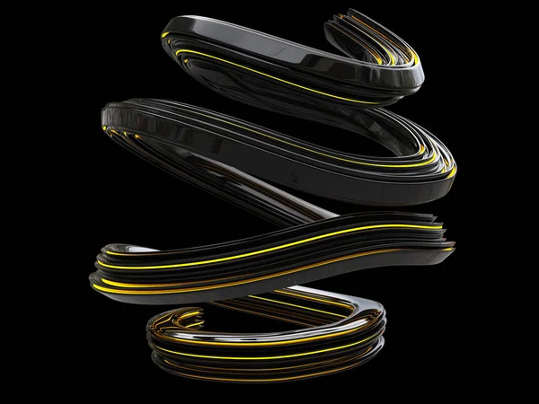 Forma Curva Negra Brillante Abstracta Con Líneas Amarillas Brillantes Aisladas —  Fotos de Stock