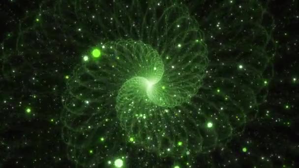 Triskelion Gloeiende Groene Spiraaldeeltjes Die Ruimte Stromen — Stockvideo