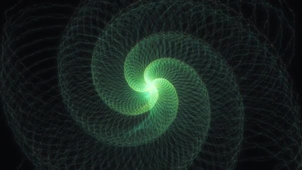 Gloeiende Groene Vier Gewapende Fibonacci Spiraal Vorming Deeltjes — Stockvideo