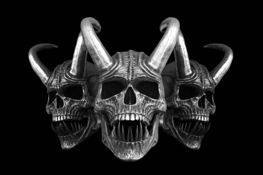 Büyük boynuzları ve keskin dişleri olan üç ağır metal iblis kafatası.