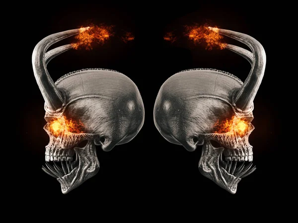 Dämonenschädel Mit Großen Hörnern Feurigen Augen Rücken Rücken — Stockfoto